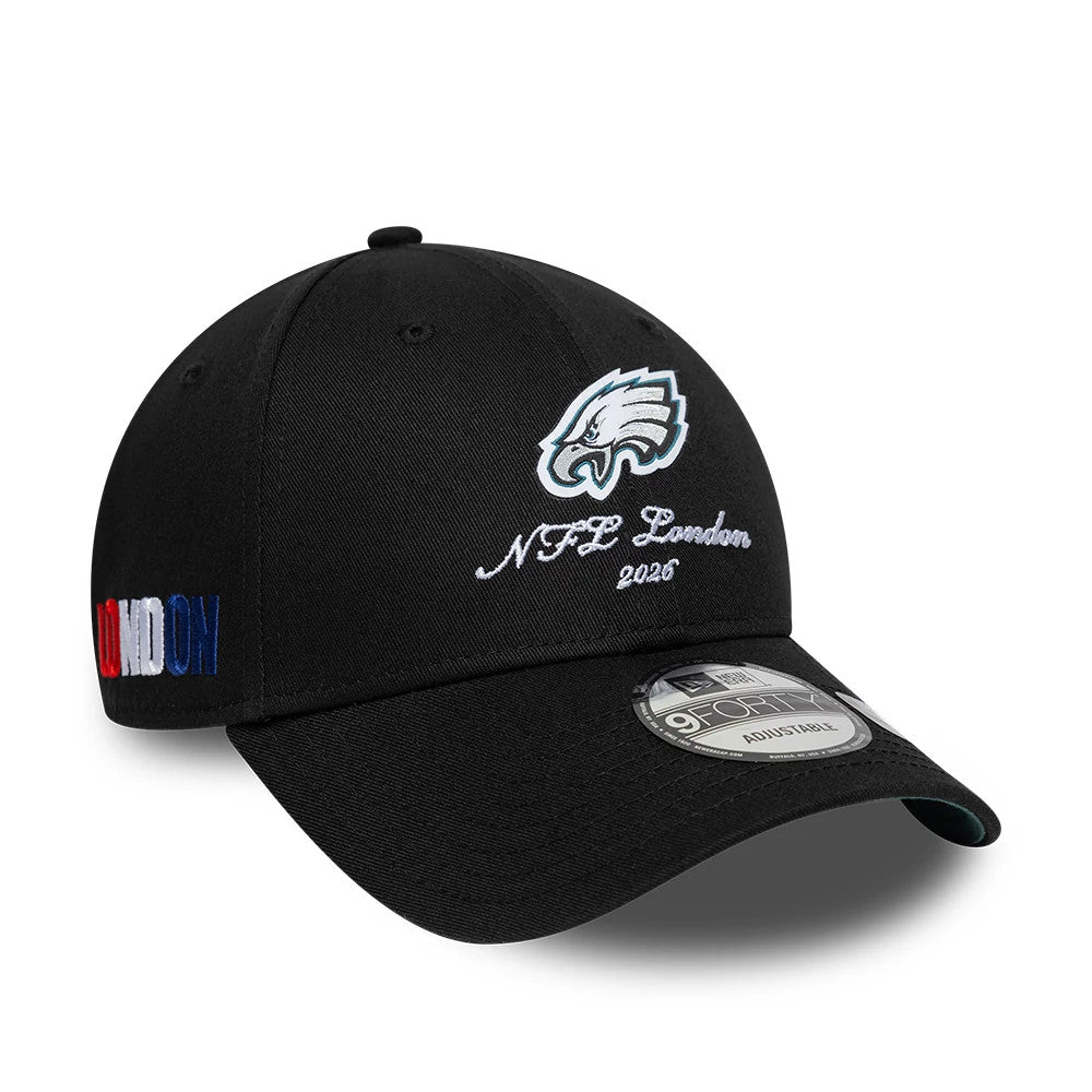 Pictured is this NFL International Series Games 2026 London Philadelphia Eagles 9FORTY cap in black. 1