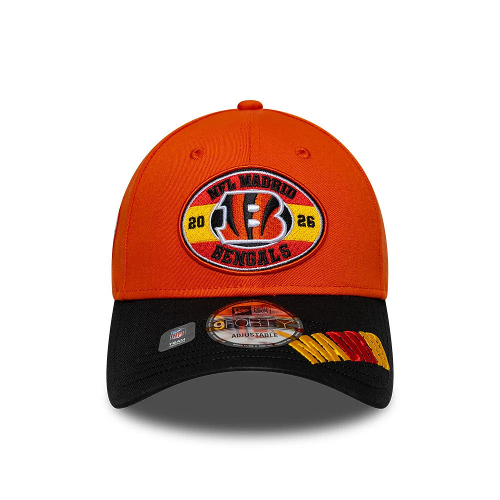 Pictured is this NFL International Series Games 2026 Madrid Cincinnati Bengals 9FORTY cap in orange & black. 2