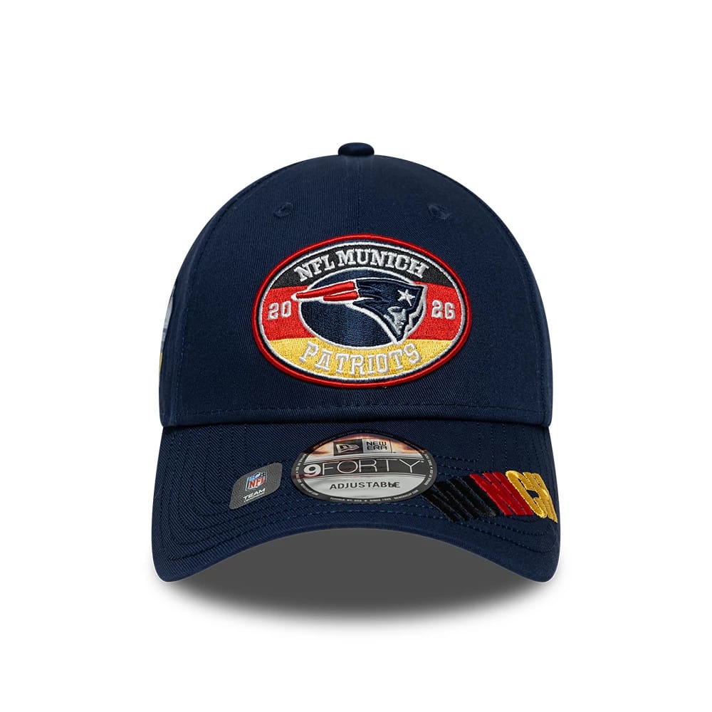 Pictured is this NFL International Series Games 2026 Munich New England Patriots 9FORTY cap in dark blue. 2