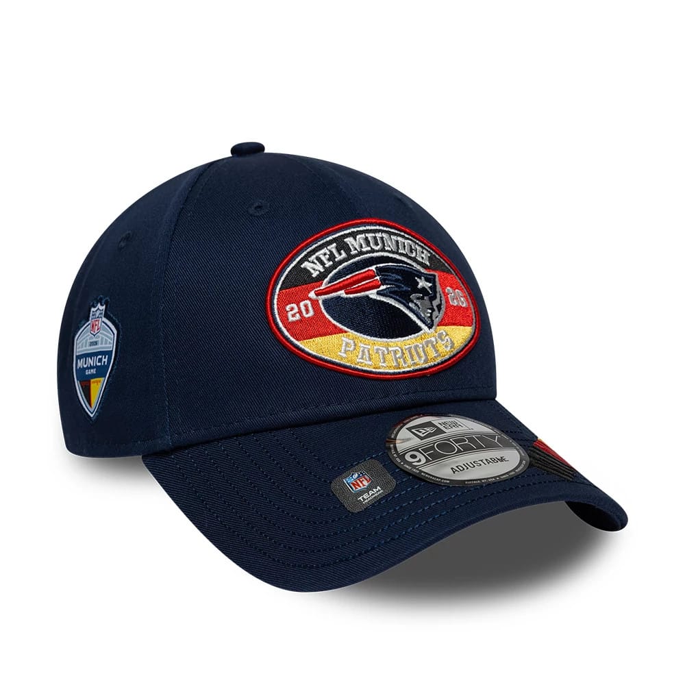 Pictured is this NFL International Series Games 2026 Munich New England Patriots 9FORTY cap in dark blue. 1