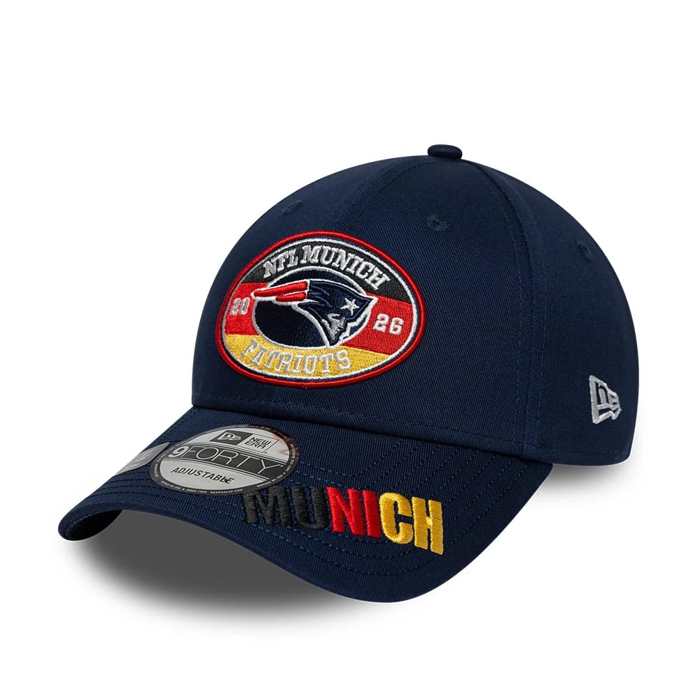 Pictured is this NFL International Series Games 2026 Munich New England Patriots 9FORTY cap in dark blue. 3