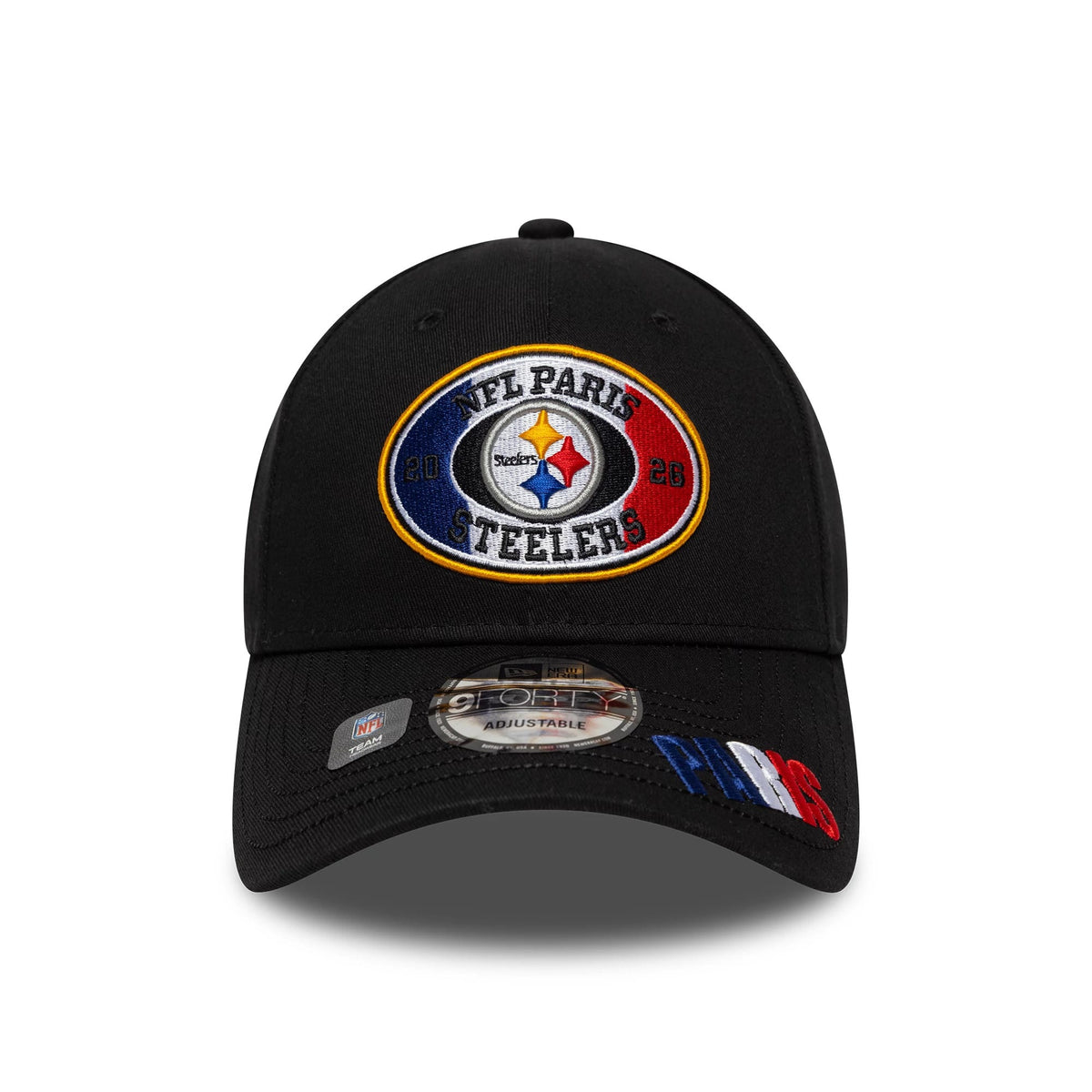 Pictured is this NFL International Series Games 2026 Paris Pittsburgh Steelers 9FORTY cap in black. 2