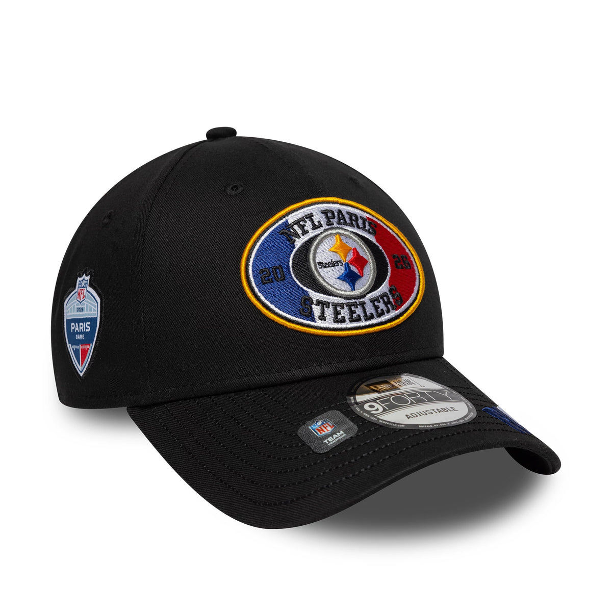 Pictured is this NFL International Games 2026 Paris Pittsburgh Steelers 9FORTY cap in black. 1