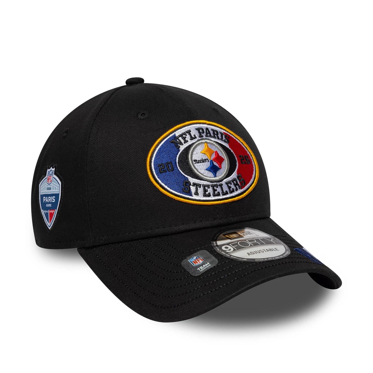 Pictured is this NFL International Series Games 2026 Paris Pittsburgh Steelers 9FORTY cap in black. 1