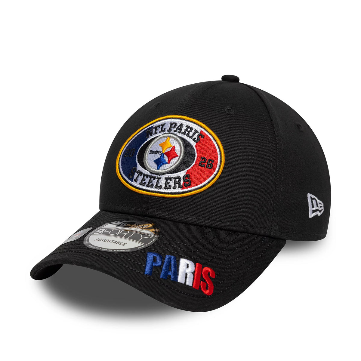 Pictured is this NFL International Games 2026 Paris Pittsburgh Steelers 9FORTY cap in black. 3