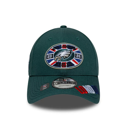 Pictured is this NFL International Games 2026 London Philadelphia Eagles 9FORTY cap in dark green. 2