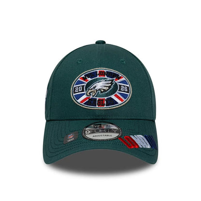 Pictured is this NFL International Series Games 2026 London Philadelphia Eagles 9FORTY cap in dark green. 2