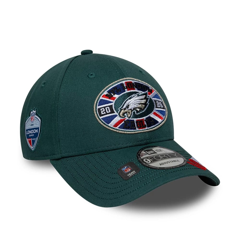 Pictured is this NFL International Series Games 2026 London Philadelphia Eagles 9FORTY cap in dark green. 1