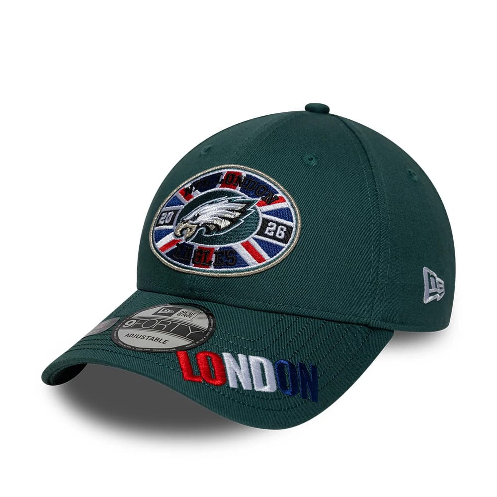 Pictured is this NFL International Series Games 2026 London Philadelphia Eagles 9FORTY cap in dark green. 3