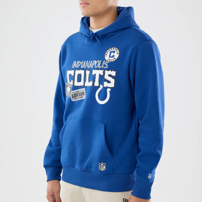 The model is wearing this NFL International Games 2026 Indianapolis Colts Pullover Hoodie in blue. 3
