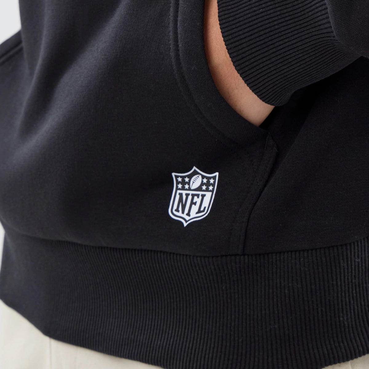 The model is wearing this NFL International Games 2026 Pittsburgh Steelers Pullover Hoodie in black. 4