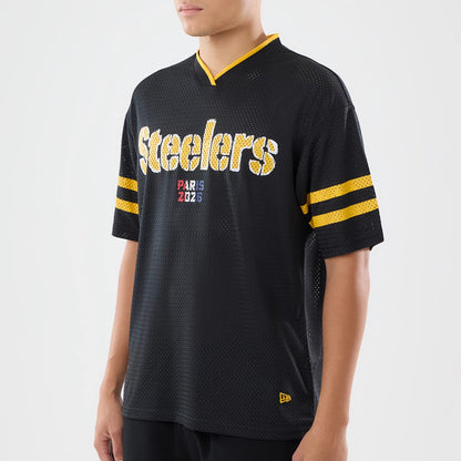 The model is wearing this NFL International Games 2026 Pittsburgh Steelers Mesh Jersey in black. 3