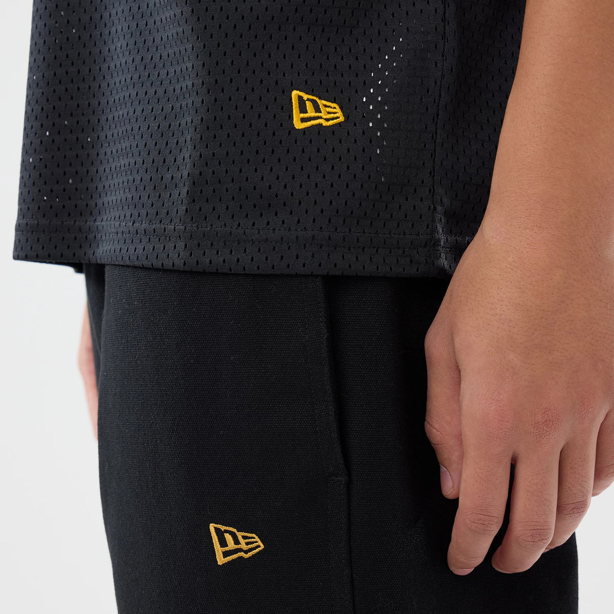 The model is wearing this NFL International Games 2026 Pittsburgh Steelers Mesh Jersey in black. 5