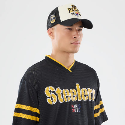The model is wearing this NFL International Games 2026 Pittsburgh Steelers Mesh Jersey in black. 6