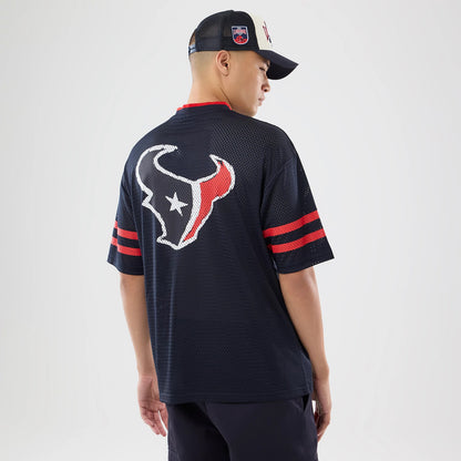 The model is wearing this NFL International Games 2026 Houston Texans Mesh Jersey in navy. 2