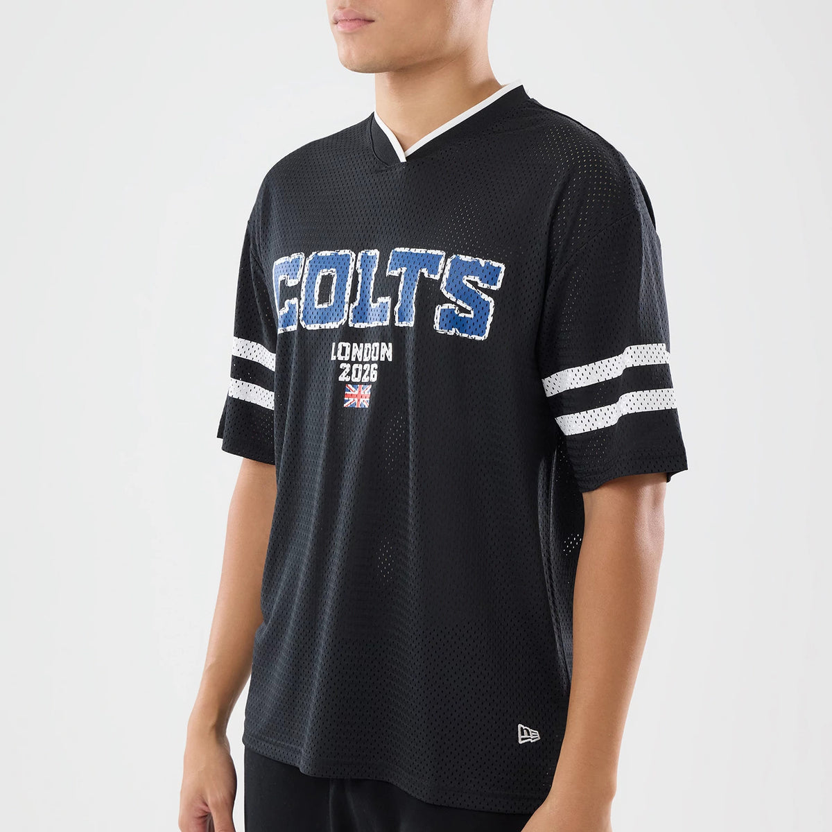 The model is wearing this NFL International Series Games 2026 Indianapolis Colts Mesh Jersey in black. 3