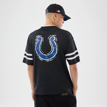 The model is wearing this NFL International Games 2026 Indianapolis Colts Mesh Jersey in black. 2