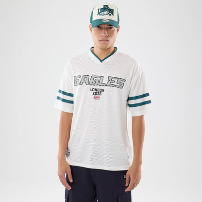 The model is wearing this NFL International Games 2026 Philadelphia Eagles Mesh Jersey in white. 1