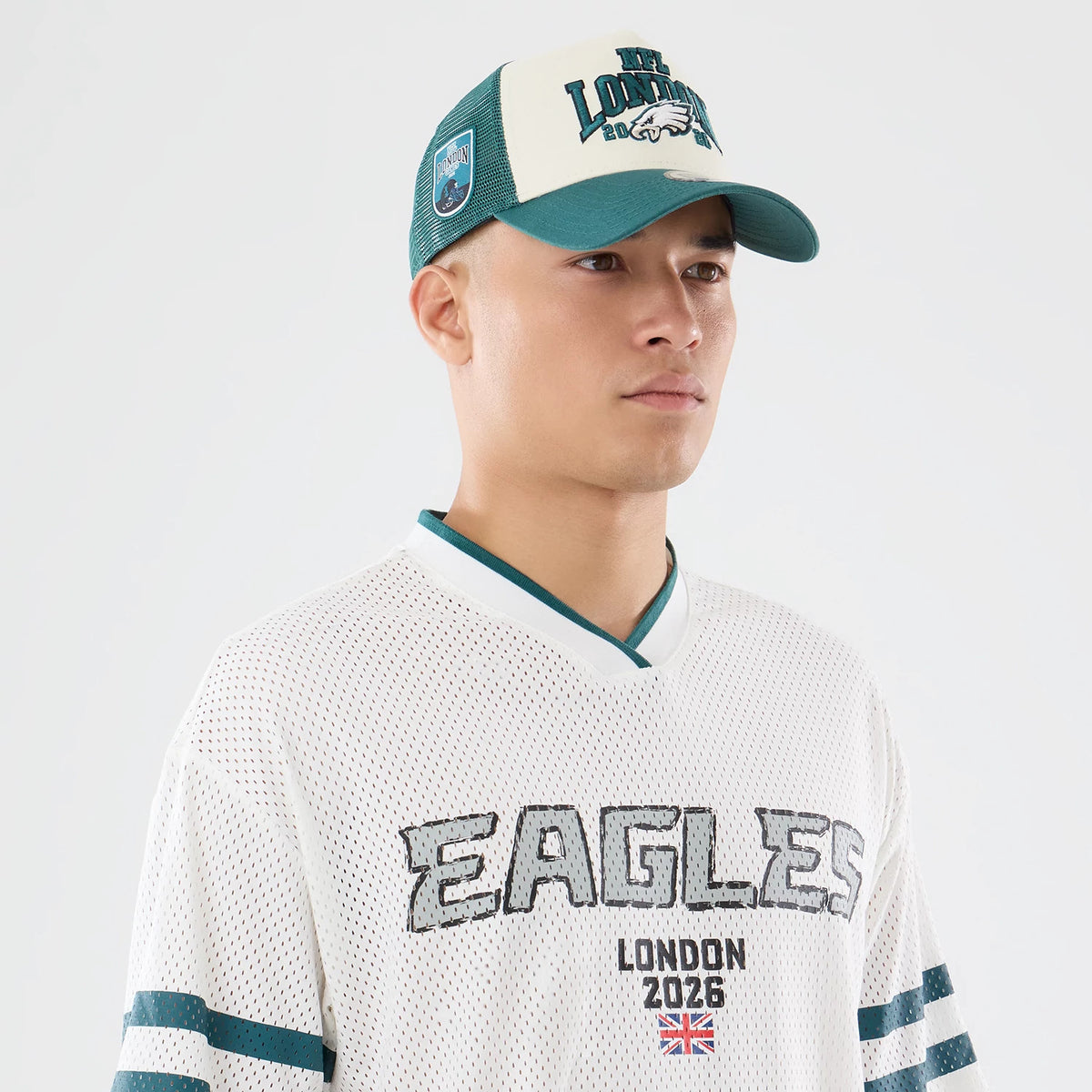 The model is wearing this NFL International Games 2026 Philadelphia Eagles Mesh Jersey in white. 6