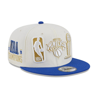 Pictured is this NBA '26 Ring Off New York Knicks 9FIFTY Snapback cap in blue. 1