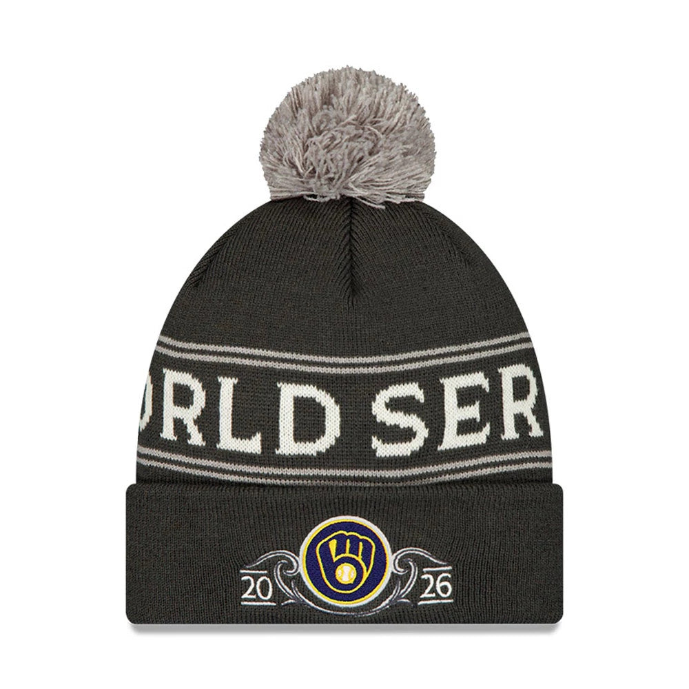 Pictured is this Milwaukee Brewers MLB National League Championship Series 2026 Bobble Knit Beanie hat in charcoal. 1