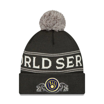 Pictured is this Milwaukee Brewers MLB National League Championship Series 2026 Bobble Knit Beanie hat in charcoal. 1