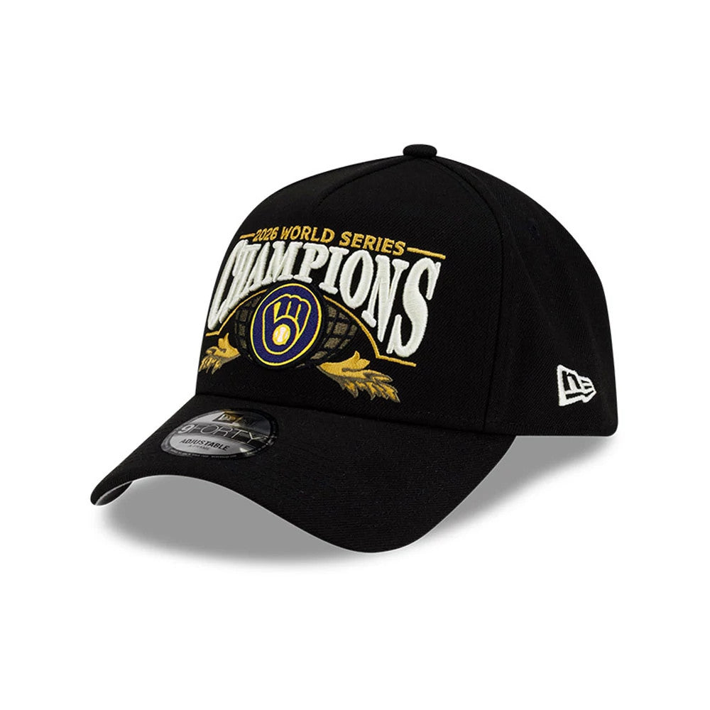 Pictured is this Milwaukee Brewers MLB World Series Champions 2026 Black 9FORTY A-Frame adjustable cap. 4