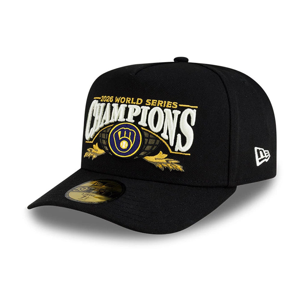 Pictured is this Milwaukee Brewers MLB World Series Champions 2026 Black 59FIFTY A-Frame Fitted adjustable cap. 4