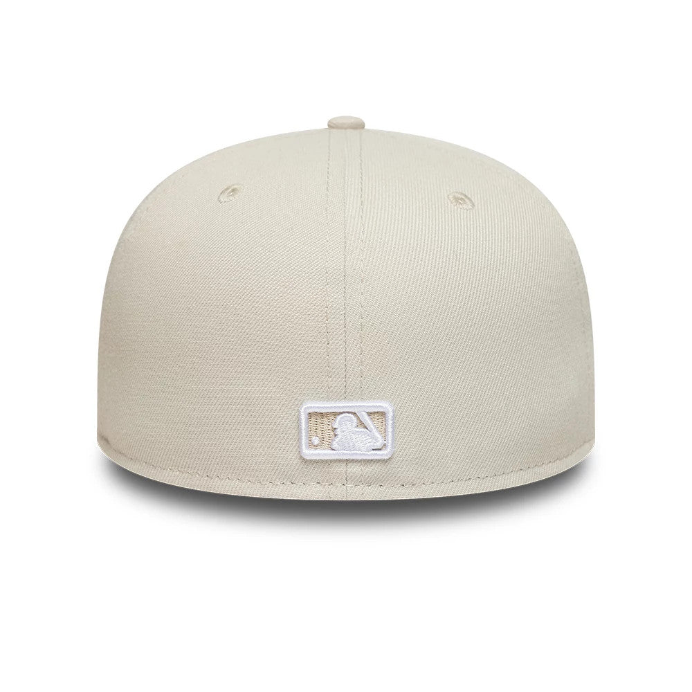New York Yankees MLB Light Beige New Era 59FIFTY Fitted Cap, rear view showing the white embroidered MLB Batterman logo at the centre back, with a light beige structured crown and matching eyelets and top button.