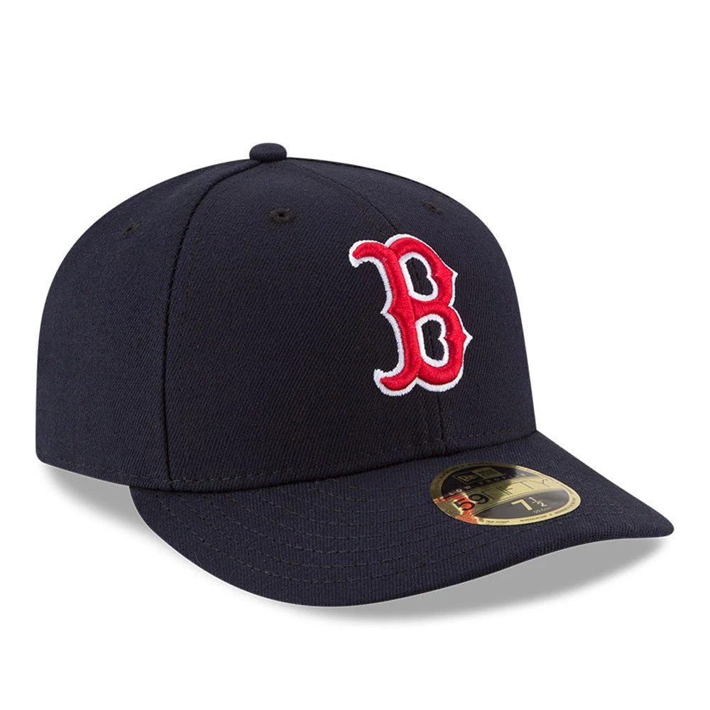 Boston Red Sox Authentic Collection Low Profile New Era 59FIFTY, three-quarter view showing the raised red embroidered B logo on the front panel, a black curved visor with a gold 59FIFTY size sticker, and the structured navy crown.
