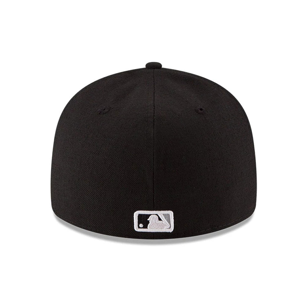 Chicago White Sox Authentic Collection Low Profile New Era 59FIFTY, rear view showing the white embroidered MLB Batterman logo centred on the back panel, with a black structured crown and matching top button and eyelets.