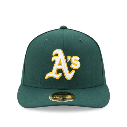Athletics Authentic Collection Low Profile New Era 59FIFTY, front view showing a raised embroidered A's logo in white with a yellow outline on the dark green structured crown, flat visor with a gold 59FIFTY size sticker.