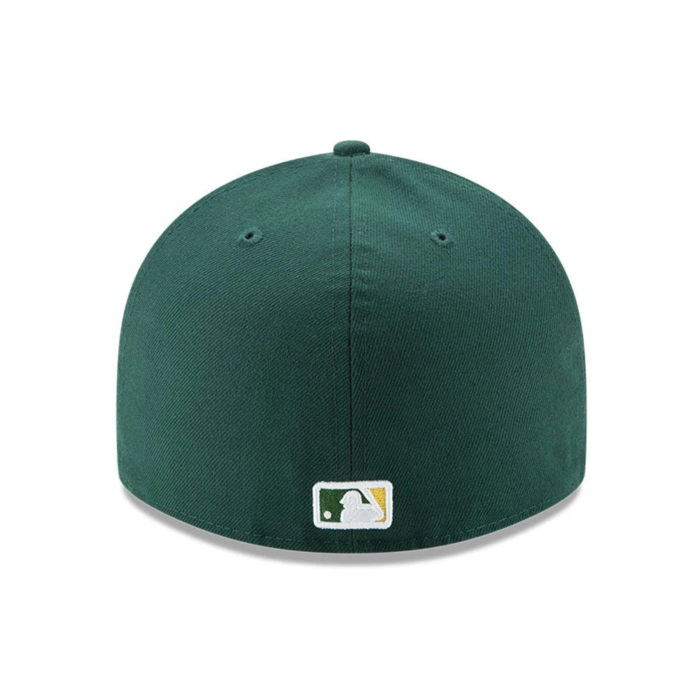 Athletics Authentic Collection Low Profile New Era 59FIFTY, rear view showing the MLB Batterman logo embroidered in gold and white at the centre back, set on a low-profile structured green crown with two matching eyelets.