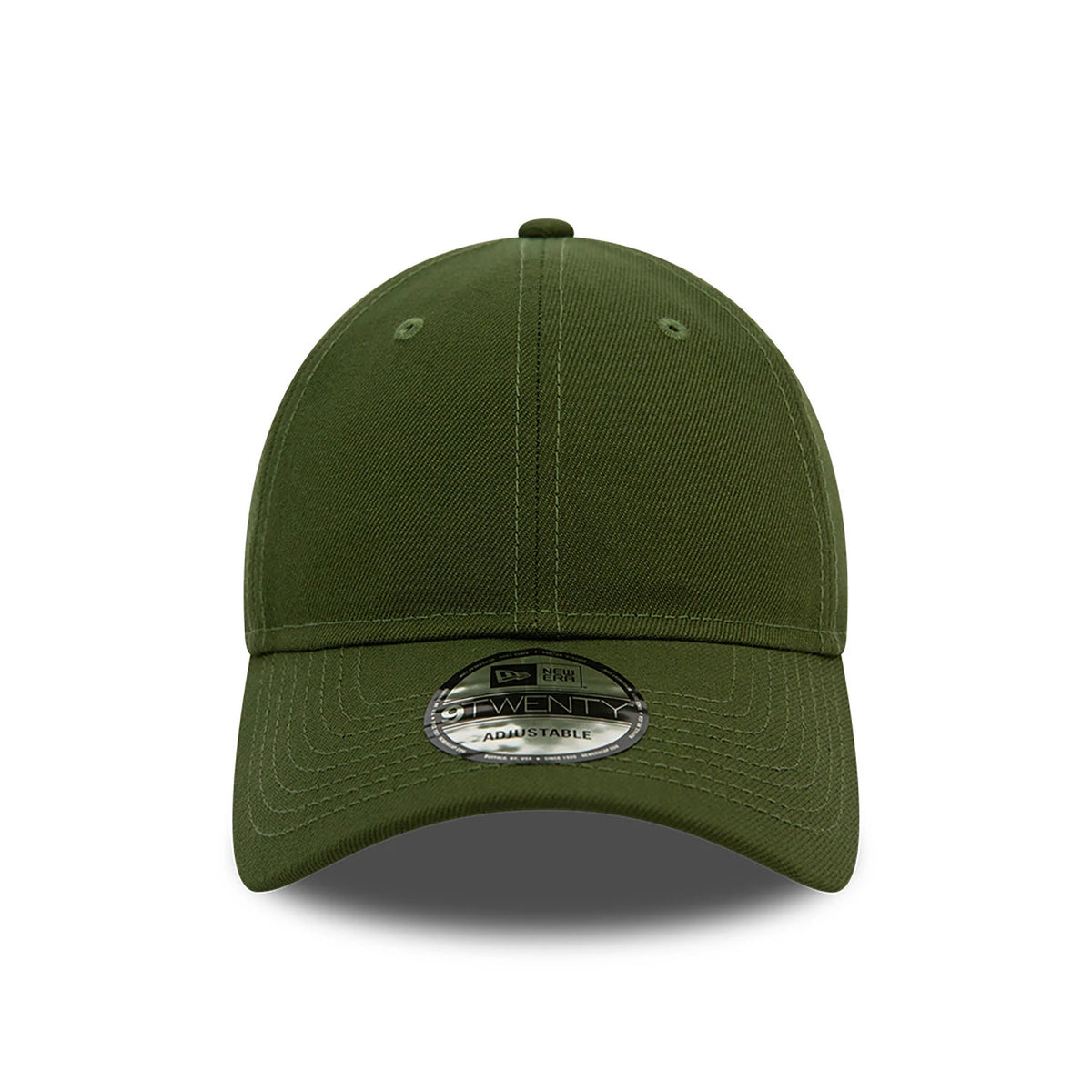 New Era Blank Dark Green 9TWENTY Adjustable Cap, front view showing the unadorned dark green front panel with matching green eyelets and top button, curved visor with a 9TWENTY size sticker centred on it.