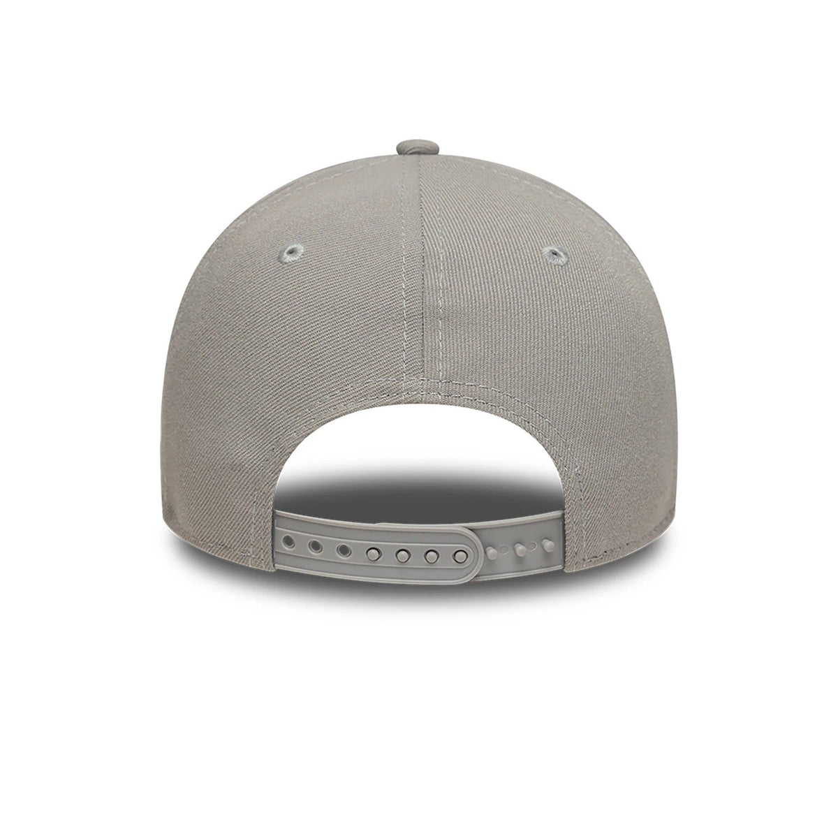 New York Yankees Essential Pack Grey New Era 9FORTY Snapback Adjustable Cap, rear view showing grey embroidered eyelets on the structured grey crown, a matching grey snapback closure, and a grey top button at the centre.