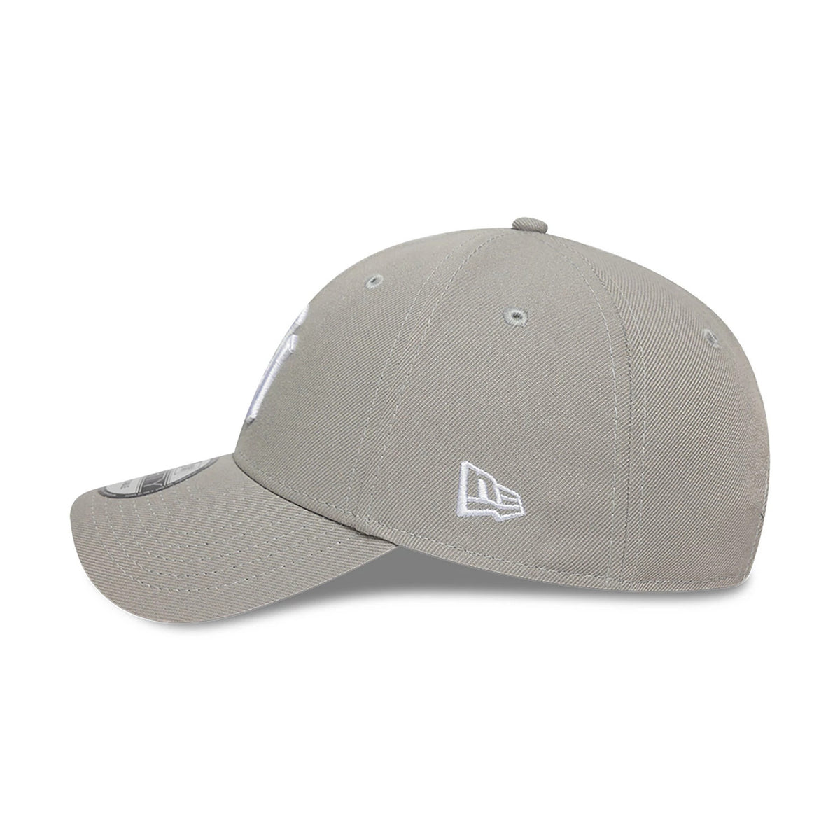 New York Yankees Essential Pack Grey New Era 9FORTY Snapback Adjustable Cap, side view showing the white New Era flag logo on the left side, a grey curved visor with a 9FORTY size sticker, and the structured grey crown with embroidered eyelets.