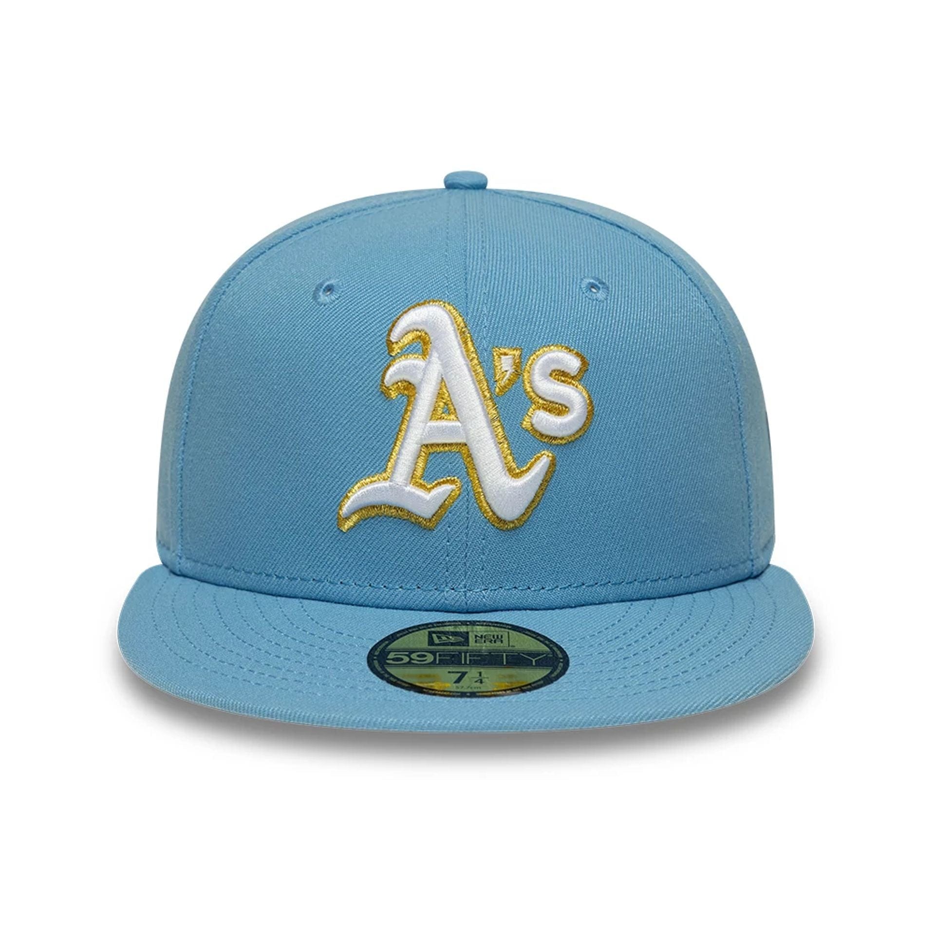 Pictured is this MLB Athletics 59FIFTY Fitted cap in pastel blue. 3