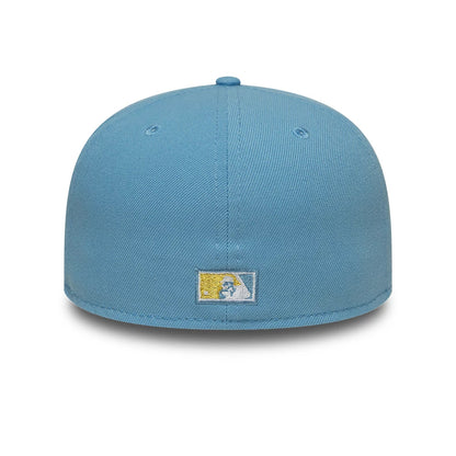 Athletics MLB Pastel Blue New Era 59FIFTY Fitted Cap, rear view showing the MLB Batterman logo embroidered at the centre back, surrounded by a structured pastel blue crown with embroidered eyelets and a matching top button.