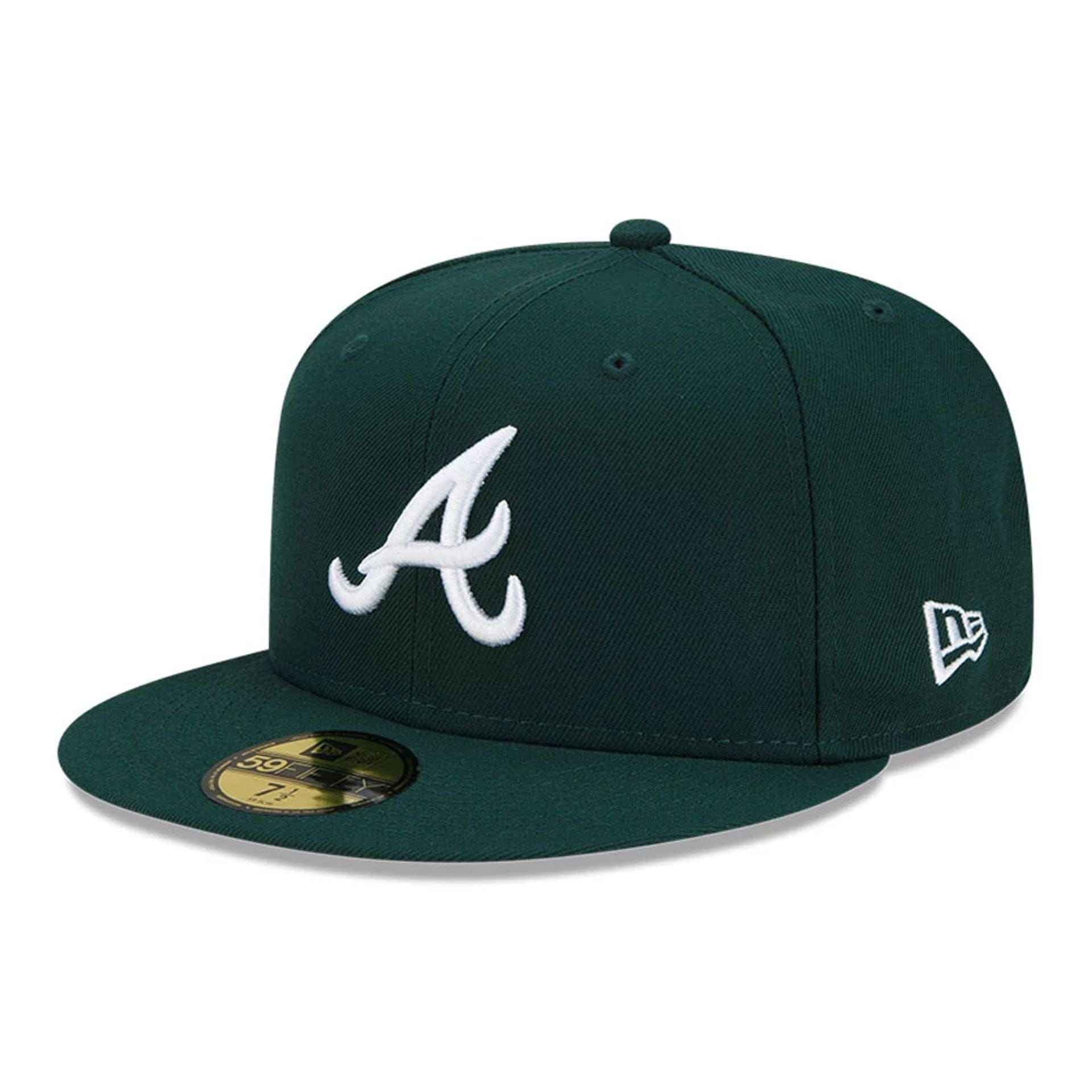 Pictured is this MLB Atlanta Braves 59FIFTY Fitted cap in dark green. 1