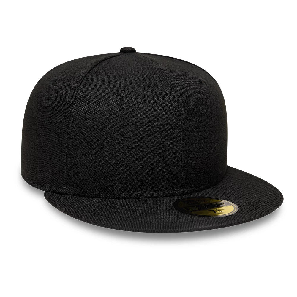 New Era Black 59FIFTY Fitted Cap, front view showing raised black embroidery on the front panel, a black flat visor with a gold 59FIFTY size sticker, and matching black eyelets and top button.