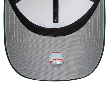 Athletics MLB Cooperstown White & Green New Era 9FORTY A-Frame Cap, inside view showing the black taping along the interior of the structured crown, grey undervisor with a baseball sticker, and green trim along the edge of the visor.