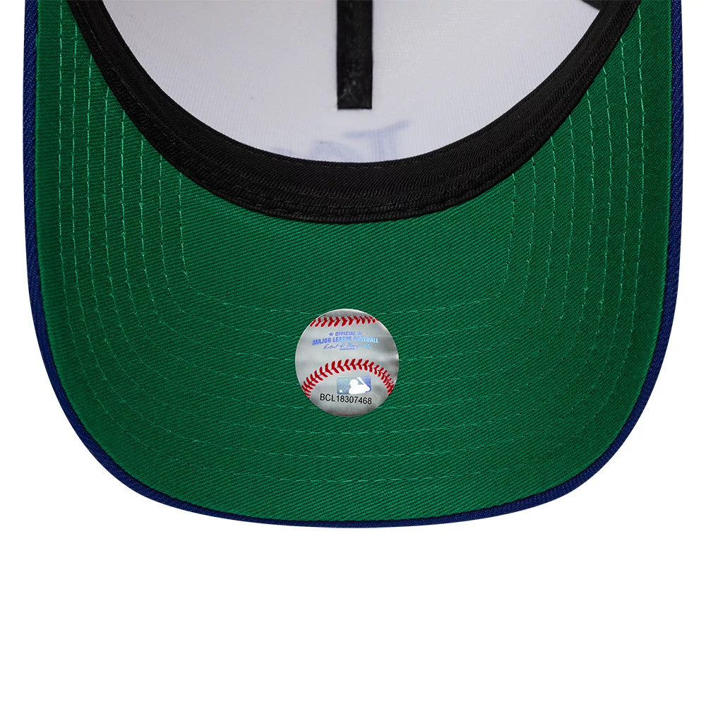 LA Dodgers MLB Cooperstown White & Blue New Era 9FORTY A-Frame Cap, inside view showing the green undervisor with a small baseball graphic sticker, black inner sweatband, and white panel with seam tape.
