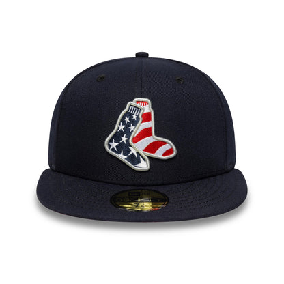 Boston Red Sox MLB Cooperstown Navy New Era 59FIFTY Fitted Cap, front view showing a Stars and Stripes themed embroidered sock logo on the front panel, a curved navy visor, and a gold 59FIFTY size sticker on the top of the visor.