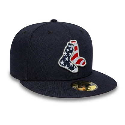 Boston Red Sox MLB Cooperstown Navy New Era 59FIFTY Fitted Cap, front view showing a patriotic embroidered socks logo with stars and stripes in red, white, and blue on the navy crown, complemented by a flat navy visor and gold 59FIFTY size sticker.