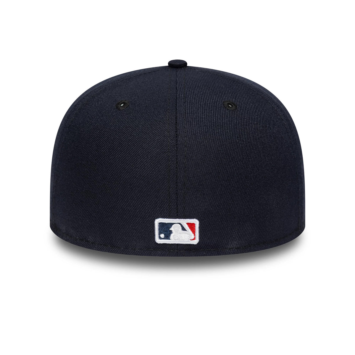 Boston Red Sox MLB Cooperstown Navy New Era 59FIFTY Fitted Cap, rear view showing the white and navy embroidered MLB Batterman logo at the centre back, with a structured navy crown and two black eyelets on the top panels.