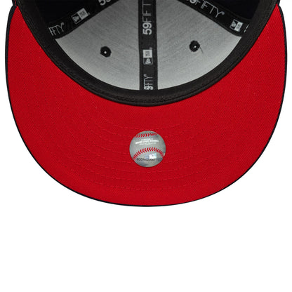 Boston Red Sox MLB Cooperstown Navy New Era 59FIFTY Fitted Cap, inside view showing a red undervisor with a baseball graphic sticker, black taping with repeating 59FIFTY branding, and a grey sweatband for added comfort.
