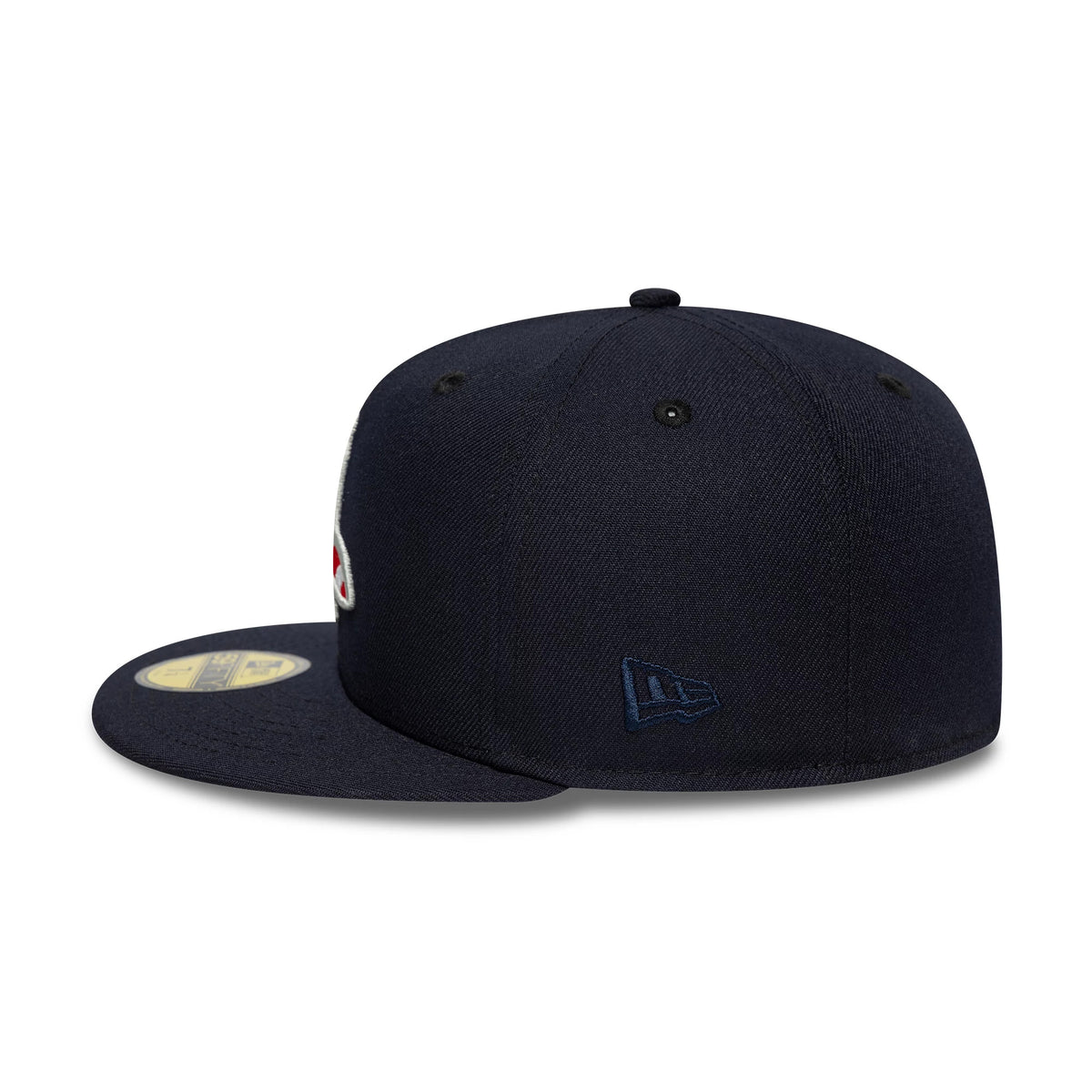 Boston Red Sox MLB Cooperstown Navy New Era 59FIFTY Fitted Cap, side view showing the embroidered New Era flag logo on the left side panel, a structured navy crown with matching eyelets, and a gold 59FIFTY size sticker on the flat visor.