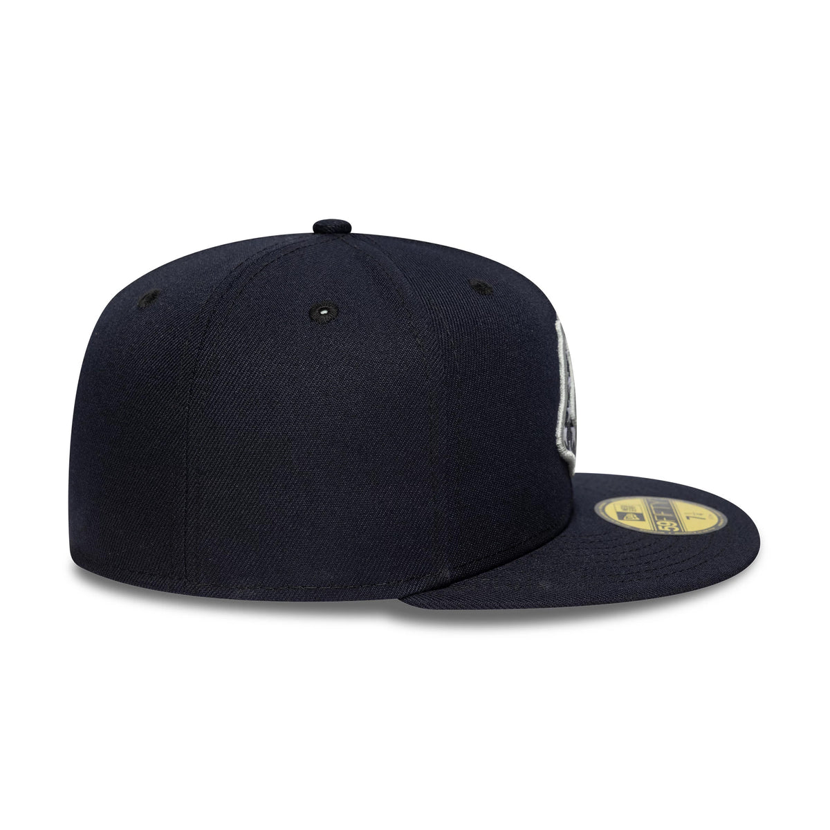 Boston Red Sox MLB Cooperstown Navy New Era 59FIFTY Fitted Cap, side view showing the flat navy visor with a gold 59FIFTY size sticker, a structured navy crown, embroidered eyelets, and a glimpse of the front team logo embroidery.