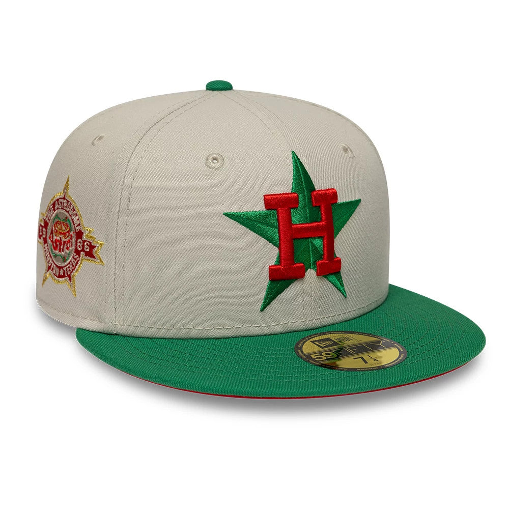 Pictured is this MLB Cooperstown Houston Astros 59FIFTY Fitted cap in Beige & Green. 1