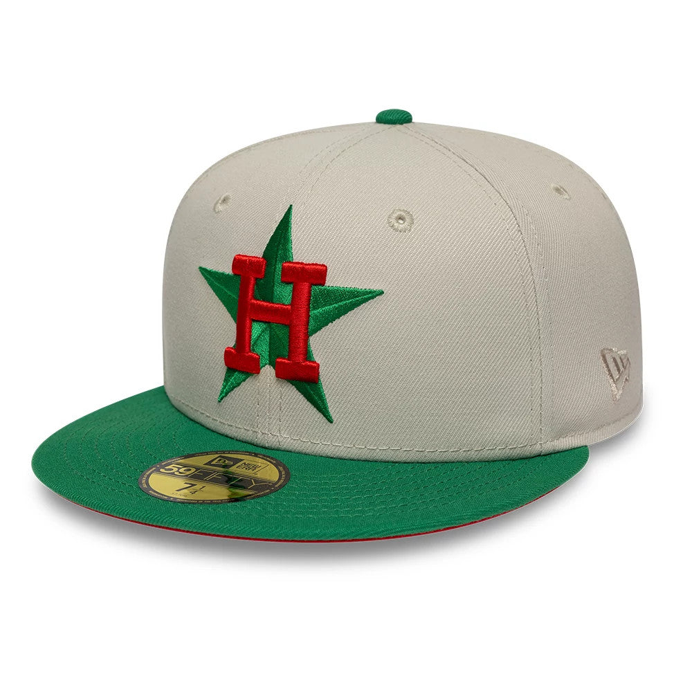 Houston Astros MLB Cooperstown Beige & Green New Era 59FIFTY Fitted Cap, front view showing the red embroidered H over a green star on the beige crown, with a green visor and gold 59FIFTY size sticker on the underside.